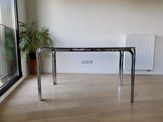 Image 1 of Vintage Space Age Dining Table With Chrome Tube Frame & Smoked Glass