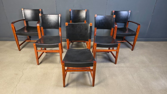 Image 1 of Vintage Spaanse eetkamerstoelen van leer en hout, set van 6 - jaren 70