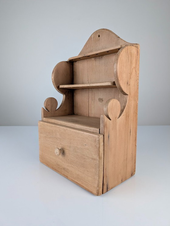 Image 1 of Hand-Carved Folk Art Pine Cutlery Rack with Drawer, 1950s