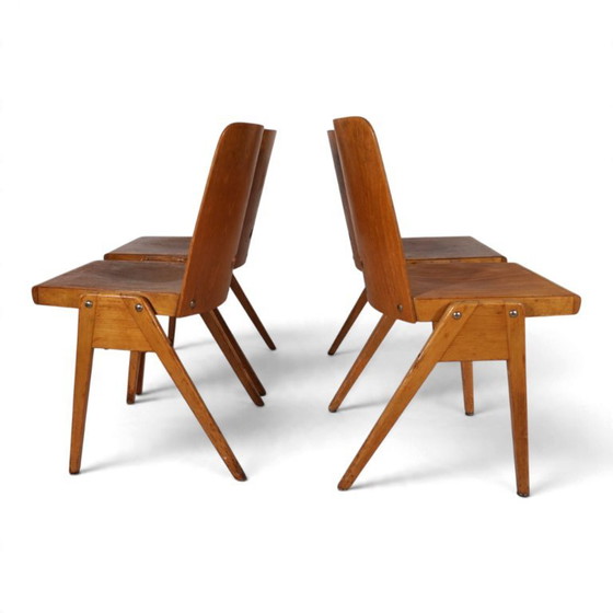 Set aus 4 Bauhaus-inspirierten Esszimmerstühlen, stapelbar, 1950 – Holz (photo 13 of 19)