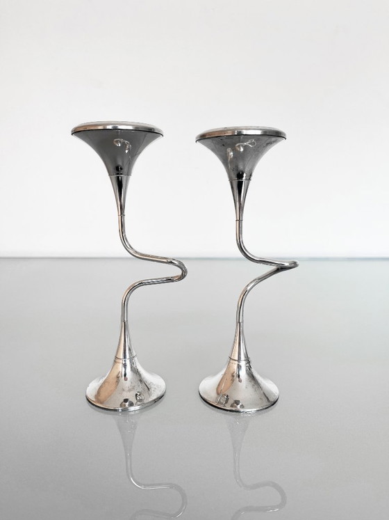 Image 1 of Ensemble vintage de deux bougeoirs argentés