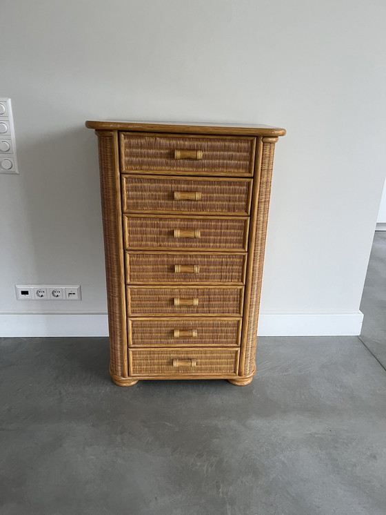 Image 1 of Vintage Wooden And Rattan Chest of Drawers (1970s)