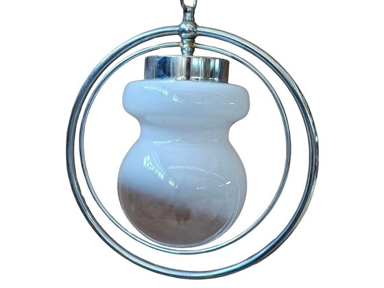 Image 1 of Vintage Space Age Chandelier – 1970s Design – Opal Glass and Chrome