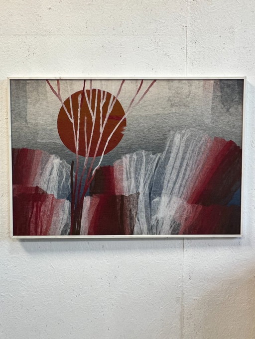 Œuvre d'art, peinture, soleil couchant, peint sur jute, années 1980