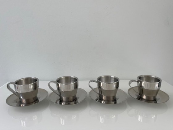 Image 1 of Set of 4 stainless steel espresso cups with saucers