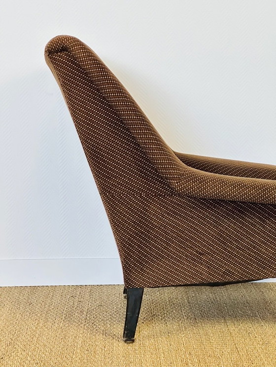 Image 1 of Vintage fauteuil in bruine tweedstof met uitlopende poten, 1960