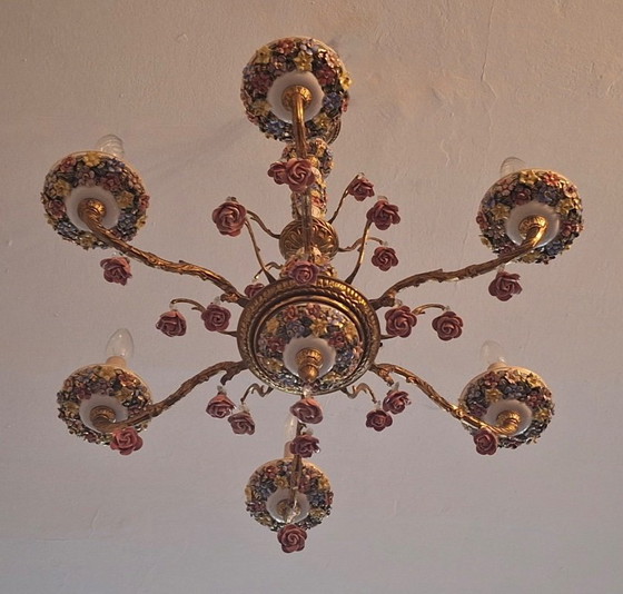 Lustre Vintage Boho à Six Bras en Laiton Doré et Céramique – Ceramic (photo 9 of 9)