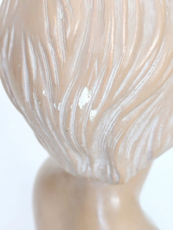 Image 1 of Vintage Young Girl Bust on Pedestal, After Salvatore Melani, Glazed Plaster Terracotta Patina, Signed