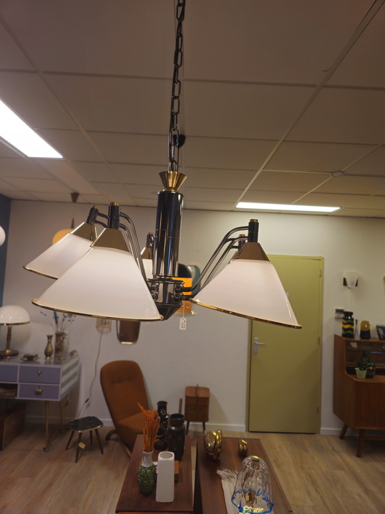 Image 1 of Vintage Hanging Lamp Milk Glass Brass Lamp