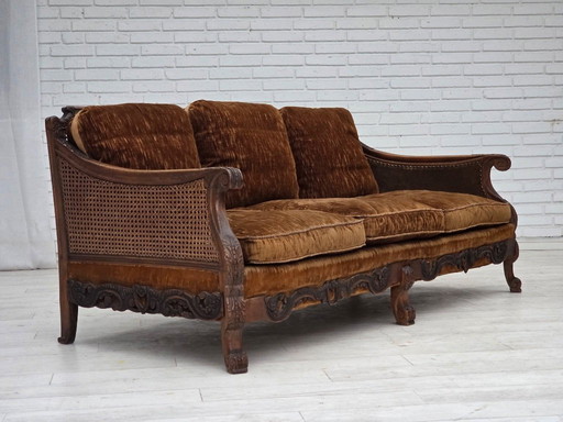 1930-35s, Danish 3-seater sofa, furniture velour, furniture mesh, carved ash wood.