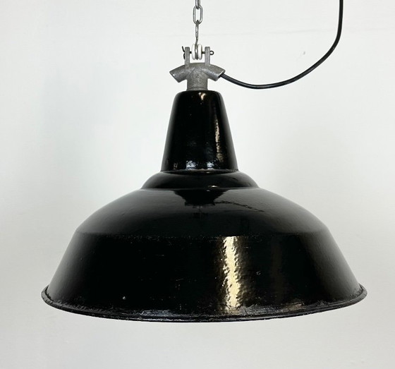 Image 1 of Industrial Black Enamel Factory Lamp with Cast Iron Top, 1960s