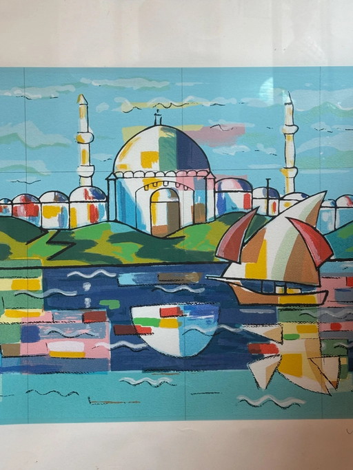 Lithograph of "Istanbul" by Ibrahim Kodra 1970s – schilderijen tekeningen, Paper, Geometrisch (photo 2 of 9)