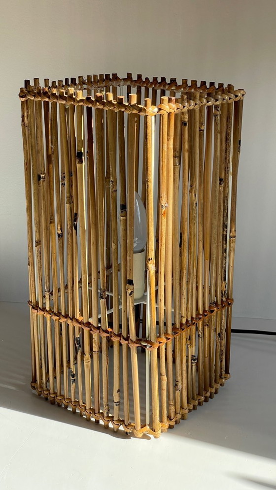 Image 1 of Vintage Wicker Wood Cube Lamp