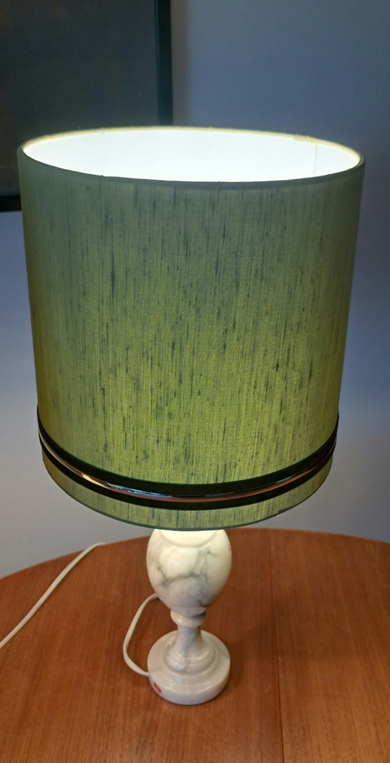 Image 1 of Pair of Italian Marble Table Lamps with Olive Green Silk Shades – Vintage 1970s
