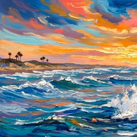 Image 1 of Panoramisch impressionistisch schilderij op acrylcanvas / Surfer (120x60 cm)