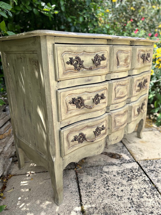 Image 1 of Antique curved chest of drawers with a pistachio green patina