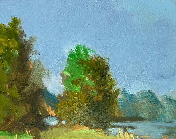 Image 1 of Dipinto ad olio originale, paesaggio costiero fluviale. Un acquazzone si avvicina lungo il fiume.