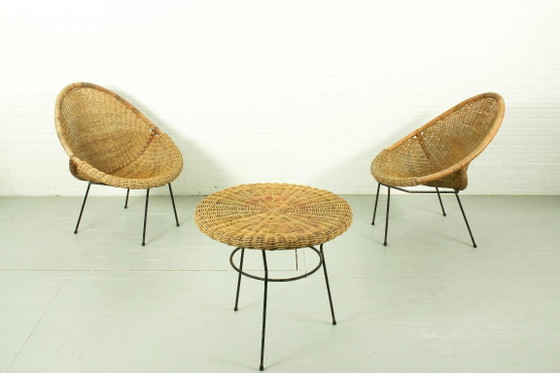 Image 1 of 1950s Italian Rattan Basket Chairs & Matching Bistro Table Set