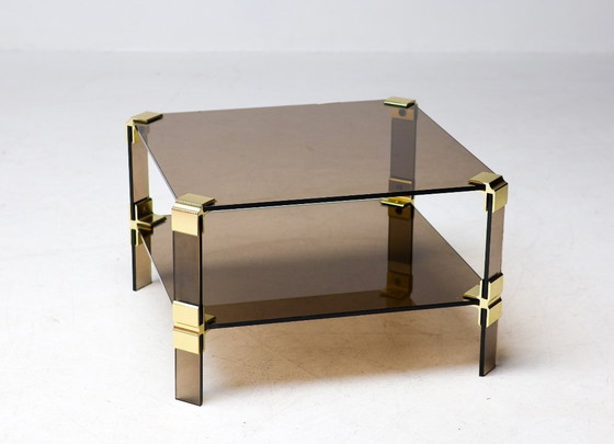 Image 1 of HOLLYWOOD REGENCY BRASS & SMOKED GLASS COFFEE TABLE CHIC TWO TIER END TABLE