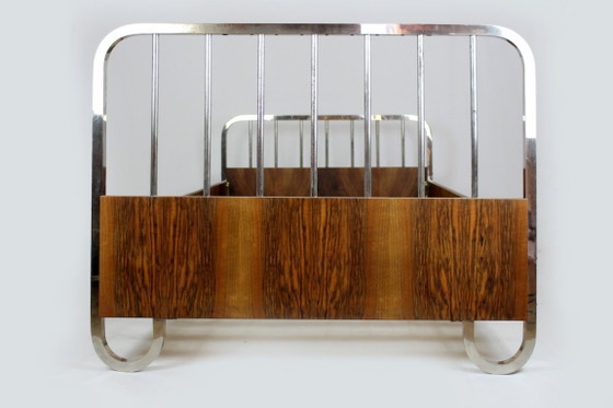Lits 1 personne Bauhaus restaurés, Tchécoslovaquie, années 1930, Lot de 2, Bois, Chrome, Marron, Art Deco (photo 7 sur 15)
