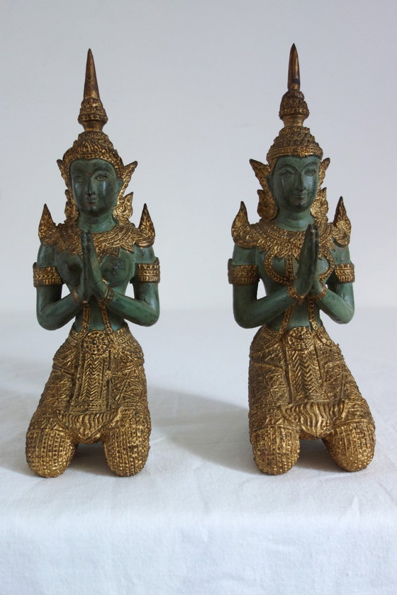Image 1 of Couple de Statues Thephanom en Bronze Doré, Thaïlande, Années 40