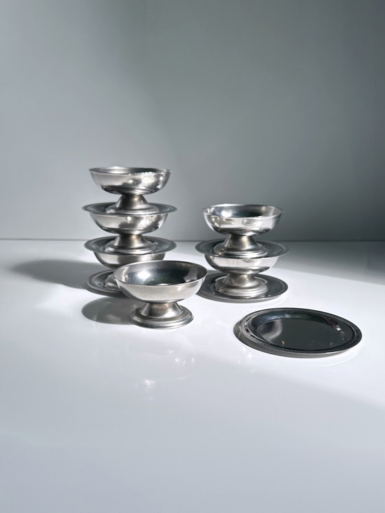 Image 1 of 6x Italiaanse dessertkommen ronde ijsbekers metalen decor schotels bord bokaal glas 80s gelato beker voet kom