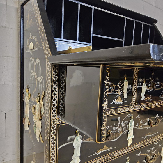 Image 1 of Vintage Chinese Lacquer Secretary / Desk with Mother-of-Pearl Overlay / Bohemian / Oriental Cabinet