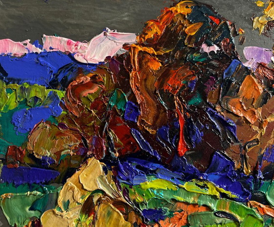 Image 1 of Original Oil Painting Autumn Forest Landscape Outside the village