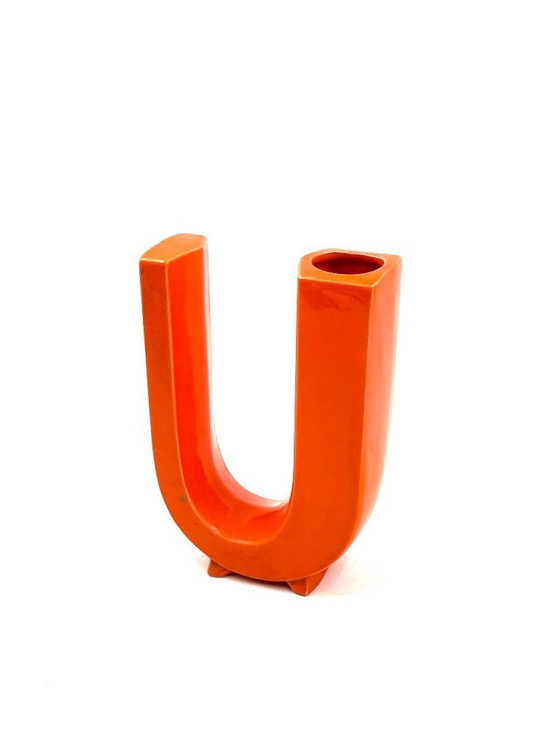 Image 1 of Space age oranje U lettervormige keramische solifleur vaas, Marcel Radureau ca. 1970