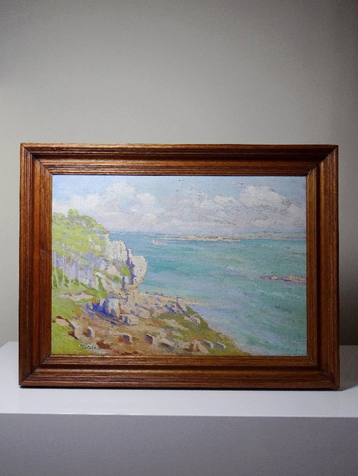 Grande paesaggio marino con scogliere, olio su pannello incorniciato, di Paul Ruben (1882-1955)