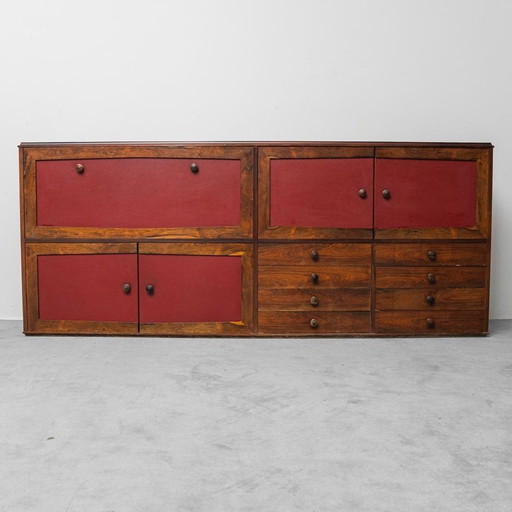 SCANDINAVIAN SIDEBOARD IN WOOD WITH DARK RED LEATHER, VINTAGE, MODERN, 1960s