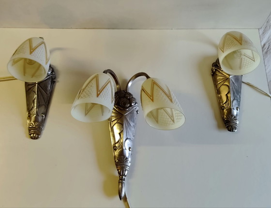 Art Deco Wall lights in bronze and glass - mid-20th century, Silver (photo 2 of 15)