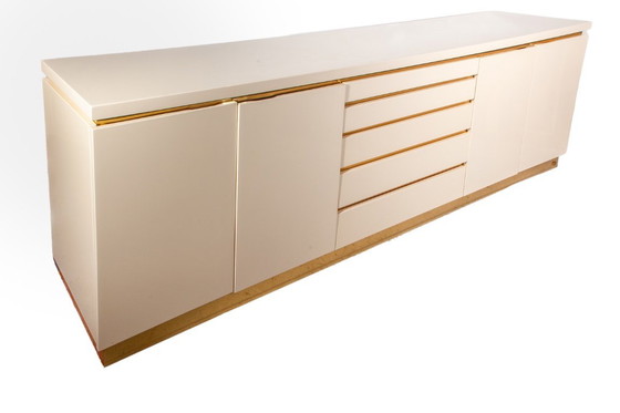 Image 1 of White Lacquer and Brass Sideboard by Jean Claude Mahey, 1980s