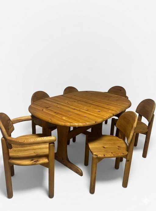 Attribué à Rainer Daumiller – Ensemble de salle à manger de design scandinave (années 1970) – table et 6 chaises en bois massif