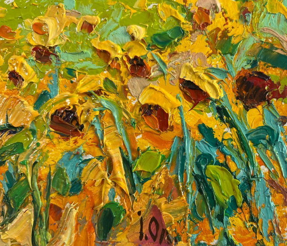 Image 1 of Original Oil Painting Flowers Village Landscape Fragrant summer in the field