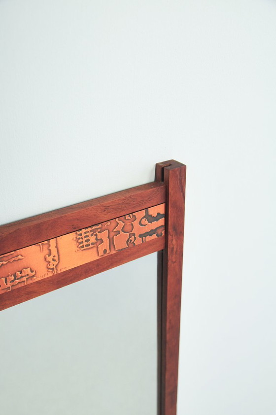 Teak Mirror with Copper Relief Strip – Glass, Wood, Vintage (photo 2 of 8)