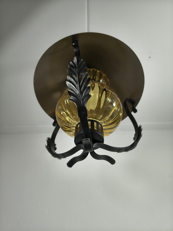 Image 1 of Lampada a sospensione a lanterna con vetro color ambra