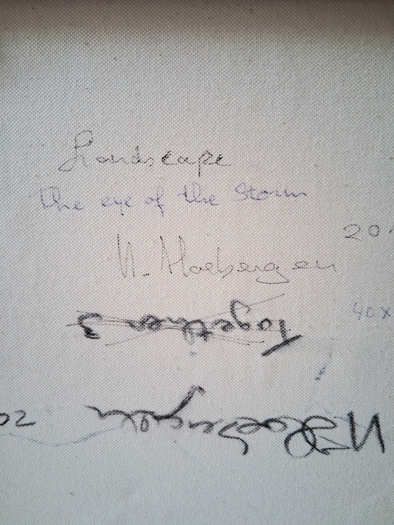 Image 1 of The Eye of the storm,gemengde techniek met veel structuur en collage,gemaakt in acryl,inkt,houtskool,pastel en collage