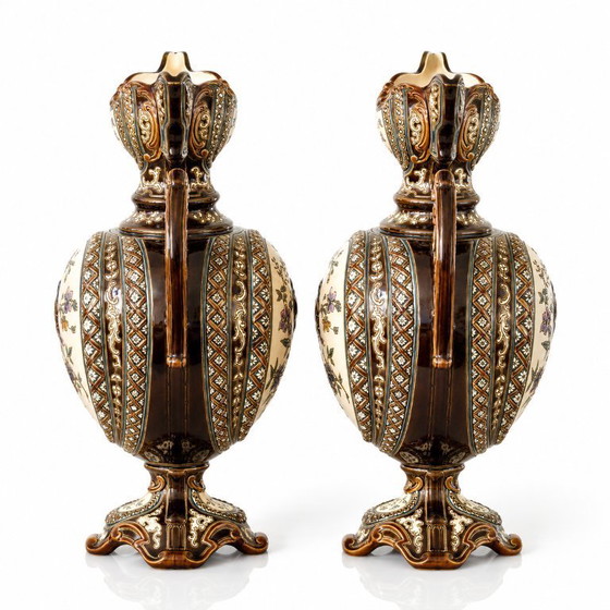 Image 1 of Pair of antique Austrian majolica vases from 1885, signed Gerbing & Stephan