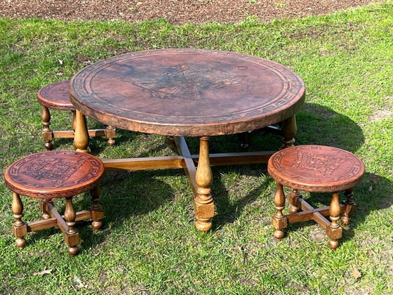 Image 1 of Vintage leather top table Aztec / Mayan equipale style