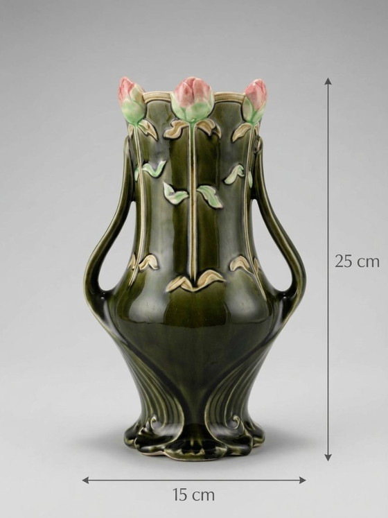 Art Nouveau Vase with Roses – Gustave De Bruyn – 25 cm – Ceramic (photo 9 of 9)