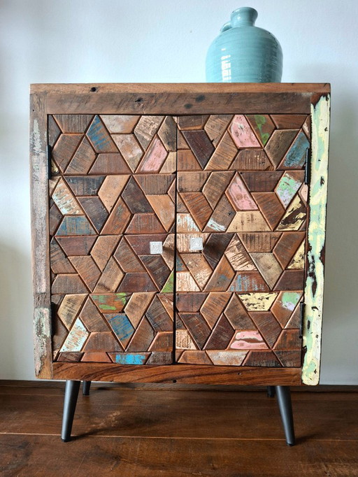 Sideboard made of recycled wood, with hand-inlaid mosaic work