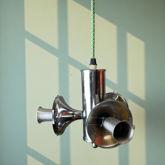 Image 1 of Weltraumzeitalter-Kronleuchter aus grünem Glas und Chrom, 1970er Jahre