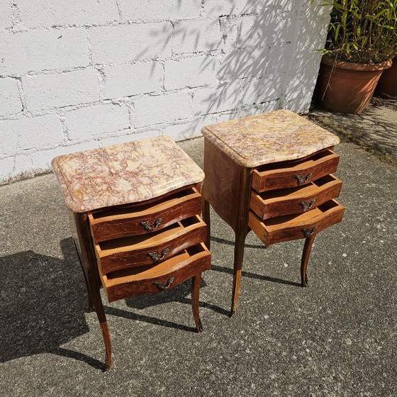 Image 1 of Chateau de Ligny - Pair of 2 French Vintage Marquetry Nightstands-Set of 2 Marble & Wood Bedside Tables-Style Louis XV - 50s