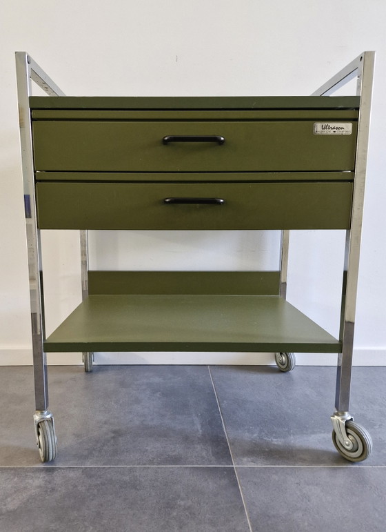 Chariot Vintage (Hôpital), Vert Olive, 2 Tiroirs – Ultrason, Dessertes, Chrome, Metal (photo 3 of 13)