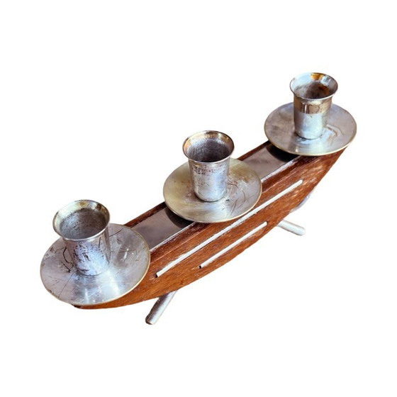 Image 1 of Stylish mid‑century modern candlestick JRUS‑Metall GmbH – wood+metal Germany 1960s
