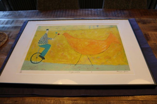 Unicycle and bird, signiert, Siebdruck Annora Spence, gerahmt 195/295
