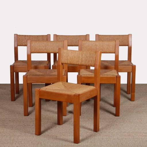 Ensemble de 6 vintage en orme massif et paille, 1970
