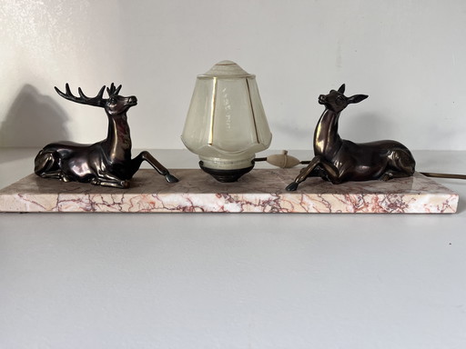 French Art Deco Deer Lamp (1930s) – Pink Marble Base – Spelter Stag & Doe – 48×16 cm
