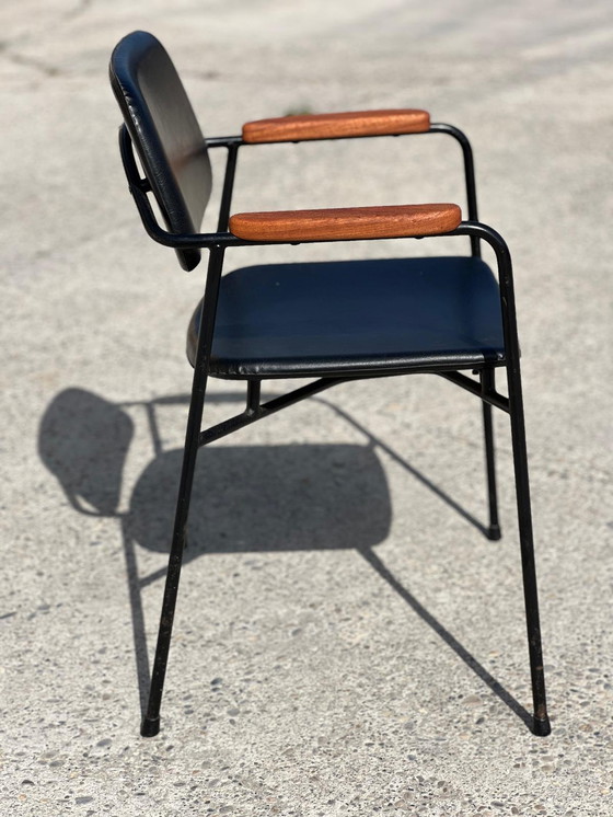 Image 1 of Fauteuil en Métal, Chêne et Simili Cuir Vintage 1950